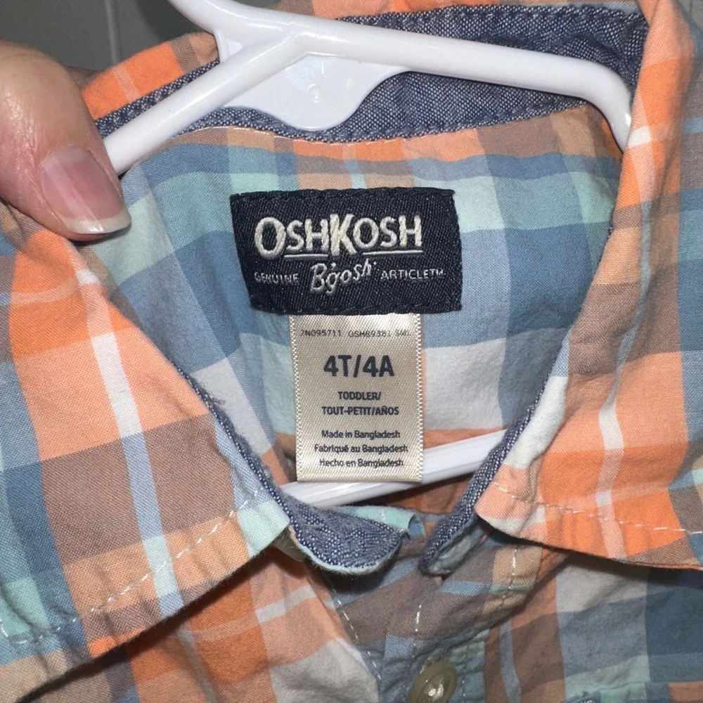 OshKosh Bgosh Boys 4T Orange Blue Plaid Short Sleeve Button Down Shirt 4A